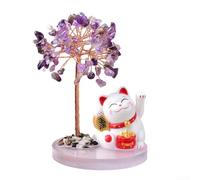 Fusión estética de lindo gato de la fortuna y árbol de cristal natural para armonía del hogar (morado)