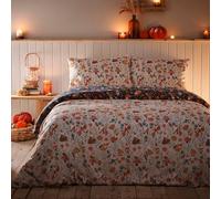 Fusion - Funda Nórdica Autumn Gonks - 200 x 200 cm - Reversible (2 Colores) - 2 Fundas de Almohada - Ropa de Cama Woodland en Natural y Azul Marino - Funda Nórdica Setas y Calabazas