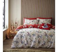 Fusion - Funda Nórdica Christmas Fox - 200 x 200 cm - Reversible (2 Colores) - 2X Fundas de Almohada - Ropa de Cama Navideña Woodland Festive Foxes - Funda Nórdica Navideña en Natural y Rojo