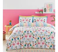 Fusion - Funda nórdica con diseño de Flamenco Tropical para Cama Individual (140 x 200 cm), diseño Reversible (Rayas arcoíris), pájaros Tropicales (Tucán), Colores Brillantes, Rosa