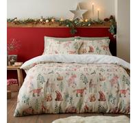 Fusion - Funda nórdica de Forro Polar con Animales del Bosque - 200 x 200 cm - Diseño Reversible - 2 Fundas de Almohada - Ropa de Cama Woodland en Color Natural - Ropa de Cama navideña Natural