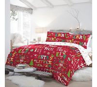 Fusion - Funda Nórdica Frases Navideñas - 200 x 200 cm - Reversible (2 Diseños) - 2X Fundas de Almohada Incluidas - Funda Nórdica Copos de Nieve - Ropa de Cama Navideña en Rojo y Blanco