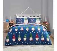 Fusion - Funda Nórdica Gonk Navideña Azul Marino - 140 x 200 cm - Reversible (2 Colores) - 100% Algodón - 1x Funda de Almohada Incluida - Funda Nórdica Gnomo Navideño - Ropa de Cama Navideña