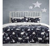 Fusion - Funda nórdica navideña con noche estrellada y oso polar - 200 x 200 cm - Diseño reversible - 2 fundas de almohada - Ropa de cama azul marino con osos y árboles árticos - Ropa de cama navideña