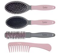 FUSSY Pack Cepillos y Peines: Cepillo Neumático Ovalado Desenredar, Cepillo Térmico Cerámico Ø40mm Moldear, Cepillo Neumático Cabello Fino, Peine Púas Anchas. Colores Rosa, Verde o Lila (Aleatorio)