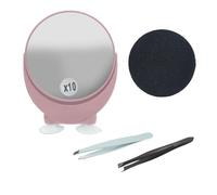 FUSSY Pack Completo Cuidado Facial: Esponja Exfoliante de Bambú, Espejo Doble Cara Aumento 10X, Pinza Depilar Punta Oblicua, Pinza Punta Recta Colores Rosa, Verde y Negro (Color Aleatorio)