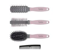 FUSSY Pack de Cepillos y Peine Mini: Cepillo Esqueleto Mini, Cepillo Redondo Mini Ø35mm, Cepillo Neumático Mini Todo Tipo de Cabello, Peine Clásico Doble Púa. Colores Rosa, Verde y Negro (Aleatorio)