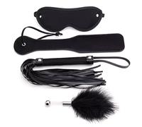 Fusta y latigo sexuales Kit BDSM 4 Piezas de Cuero Sintético PU Negro - Antifaz, Mini Látigo, Fusta y Plug Anal para Juegos de Pareja, Roleplay y Exploración Sensorial - bondaged adult kit mujer