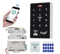 FUSYTULY Kit de Sistema de control de Acceso Inalámbrico WiFi Tuya 125 KHz 13,56 MHz Teclado RFID Impermeable + Cerradura de Enchufe Eléctrica + Fuente de alimentación DC12V 3A + llavero