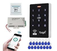 FUSYTULY Kit de Sistema de Control de Acceso WiFi Tuya 125 KHz 13,56 MHz Teclado RFID Táctil Impermeable + Fuente de Alimentación DC12V 3A + llavero 15pcs, Sin Cerradura Eléctrica