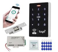 FUSYTULY Kit de Sistema de Control de Acceso WiFi Tuya APP 125KHz 13,56 MHz Teclado RFID Impermeable + Cerradura de Puerta Eléctrica + Fuente de Alimentación DC12V + llavero 15pcs