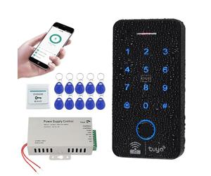 FUSYTULY WiFi Tuya Sistema de Control de Acceso de IP68 Biometría Teclado RFID Huellas Digitales 125KHz 13.56MHz + Fuente de Alimentación DC12V + 10 llaveros RFID, Sin Cerraduras Eléctricas
