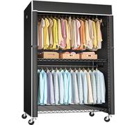 FUTASSI Perchero de ropa negro con cubierta negra, estante rodante P1C Plus con ruedas, estante de metal para colgar ropa, armario de almacenamiento de ropa, 46 pulgadas de ancho x 18.5 pulgadas de