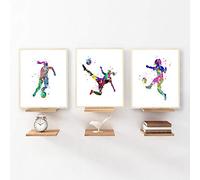 Fútbol Arte de la pared Arte del fútbol Pintura de la lona Acuarela Chicas Fútbol Fiesta Carteles Cuadros de la pared Habitación de los niños de las niñas Decoración del hogar 20x30cmx3 Sin marco