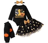 FUTERLY Disfraz Halloween Bebe Niña, Mi Primer Traje de Halloween para Niña, Vestido Halloween Bebe, Body Bebe Halloween + Tutu + Media + Diadema, 4 Piezas Ropa Halloween Bebe(Negro,6-12 Months)