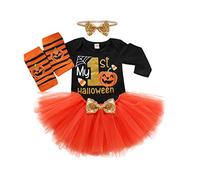 FUTERLY Disfraz Halloween Bebé Niña, Mi Primer Traje, Vestido + Body + Tutú + Media + Diadema, 4 Piezas Ropa (Naranja, 0-3 Meses)