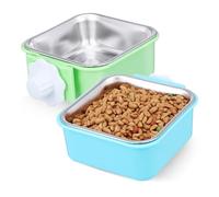 FUTUREORYY 2 Piezas Cuenco Colgante para Perros y Gatos de Acero Inoxidable Altura Diseño Doble Desmontable Pack Unidades Azul y Verde para Jaulas y Exteriores