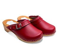 FUTURO FASHION® - Zuecos de Cuero auténtico con Suela de Madera - para Mujer - Colores Lisos Unisex - Tallas 36-42 - Rojo - 37 EU