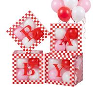 Fuutreo 4 cajas de baby shower con letras "She's Ready to Pop", decoraciones de baby shower, cajas de globos transparentes, decoración con cadena de luces LED para niños y niñas, decoración de fiesta