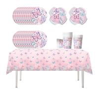 Fuwraixis 61 piezas Vajilla para fiestas de mariposa,cumpleaños infantile platos de papel set,mariposas rosa vasos de papel servilletas y manteles,para bautismo de un niño y aniversario