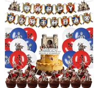 Fuwraixis Decoracione con globos de medieval, Set de decoración para Cumpleaños fiesta de Guerrero espartano, Incluye Banner, Adorno para tartas y Globo de látex(32 piezas)