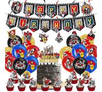 Fuwraixis Decoracione con globos de Medieval, Set de decoración para fiesta con guerrero espartano, Incluye Cumpleaños Banner, guirnalda espiral, Caballero retro Adorno para tartas y globos de látex