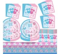 Fuwraixis Género revelado Vajilla para fiesta,61 pcs Vajilla para Cumpleaños Infantil set,boy or girl Vasos de Papel,Platos de Papel Servilletas y Manteles,para aniversario y baby shower