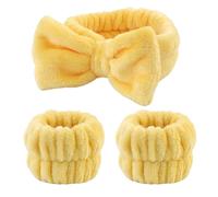 FUXIU 1 juego de diadema elástica para mujer, diadema y muñequera con lazo de felpa para lavar la cara, maquillaje en casa
