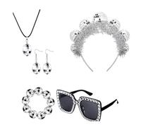 FUXIU Juego de accesorios para fiesta de discoteca de los años 70 para mujer, despedida de soltera, plata, diadema, gafas, collar, aretes, 5 en 1