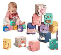 FuYelng 12 Piezas Cubos Sensoriales Animales Bebe, 6 * 5 * 5 cm Apilamiento y Construcción para Bebés Montessori Bloques Blandos Apilables, para Regalos Bebés de 6 Meses en Adelante