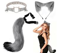 FuYelng 3 Piezas Disfraz de Gato para Mujer, Kit Disfraz Gata Accesorios con Orejas Gato Cola Collar Disfraces Carnaval Mujer, para Pascua Halloween Navidad Fiesta (Gris)