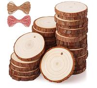 Fuyit Rodajas de Madera Diámetro 5-6cm con Agujero - 30 pcs - Decoración con 10m Hilo de Yute y 10m Cordel de Algodón - Apto para Pirograbador de Madera y Pintura