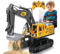 FUYLEY Juguetes para excavadores teledirigidos para niños, pala de metal para excavadora RC de 14 canales 2.4 GHz con sonido de luz en aerosol, juguetes de construcción RC rotación de 680 ° para niños