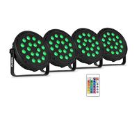 Fuzzix Comet M16 - Set de 4 focos LED RGB con 18 LED por unidad, mando a distancia, programas automáticos, carcasa resistente, fácil montaje, ideal para fiestas, escenarios, eventos o actuaciones