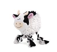 Fuzzl Farmyard Friends - Juguete para perros - Vaca Molly Moo con chirriador de risas - Tela de fideos suave grande con patas de cuerda duraderas - Juguete interactivo para masticar y cómodo para