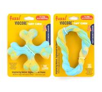 Fuzzl VIOCORE Tuff - Trébol masticable + anillo, juguete de nailon ultra duradero para masticadores agresivos, juguete indestructible para perros, sabor a tocino y de alta visibilidad, azul/amarillo