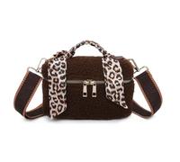 Fuzzy Glam Teddy - Bolsa de maquillaje de tela texturizada suave, detalle de asa de bufanda, correa ajustable y cremallera dorada, 21 x 13 cm, café, Viajes de lujo