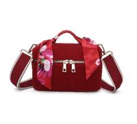 Fuzzy Glam Teddy - Bolsa de maquillaje de tela texturizada suave, detalle de asa de bufanda, correa ajustable y cremallera dorada, 21 x 13 cm, Burgundy, Viajes de lujo