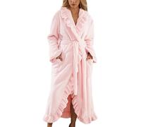 Fuzzy Robe Bathrobe Dressing Gowns Women Long Fluffy Coral Fleece Pajamas Soft Ruffle Fleece Bathrobe Cozy Warm Plush Thick Winter Robe with Pocket (Pink,L)