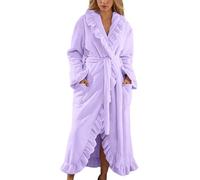 Fuzzy Robe Bathrobe Dressing Gowns Women Long Fluffy Coral Fleece Pajamas Soft Ruffle Fleece Bathrobe Cozy Warm Plush Thick Winter Robe with Pocket (Purple,M)