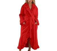 Fuzzy Robe Bathrobe Dressing Gowns Women Long Fluffy Coral Fleece Pajamas Soft Ruffle Fleece Bathrobe Cozy Warm Plush Thick Winter Robe with Pocket (Red,S)