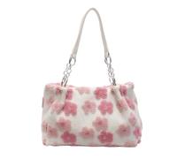 Fuzzy Shoulder Bag for Women, Fluffy Crossbody Bag with 3D Floral Embroidery, Soft Faux Fur Plush Shoulder Bag for Daily Use, for Autumn and Winter (Pink)