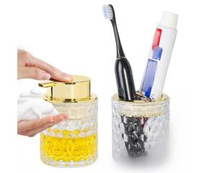 Fvstar Juego de accesorios de baño de vidrio grueso, soporte dorado para cepillo de dientes y pasta de dientes, dispensador de jabón espumoso y soporte para cepillos de dientes, bonito organizador de