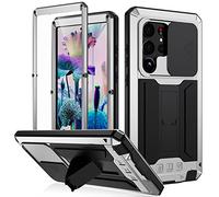 FW - Funda de metal para Samsung Galaxy S23 Ultra con cubierta de cámara deslizante, protector de pantalla integrado, híbrido de cuerpo completo S23 Ultra, funda de silicona militar resistente para hombre y mujer (plateada)