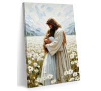 FWAHREN Lienzo decorativo para pared con diseño de Jesús cristiano, abrazando a la mujer, campo de margaritas, pintura religiosa, póster enmarcado bíblico, decoración de pared para iglesia, sala de