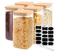 FWEEK 5 tarros de almacenamiento con tapa, 1500 ml, tarros de cristal con tapa, herméticos, rectangulares con tapas de bambú, tarros de almacenamiento de cocina para cereales, nueces, harina, copos de