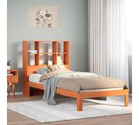 FWIKDUN Cama de madera maciza con somier y estantería, cama que ahorra espacio con cabecero de librería, cabecero sin colchón, pino con espacio de almacenamiento en el cabecero en color marrón cera