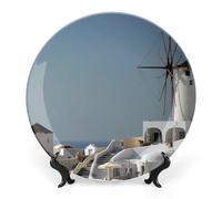 FWJZDSP decorativo de cerámica para decoración del hogar, s con molinos de viento de Santorini, Grecia, con soporte de exhibición, de postre de porcelana, bandeja decorativa moderna para me
