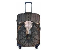 FWJZDSP Funda de Equipaje de Viaje con diseño de Calavera de Toro con Cuernos, Rueda Antigua en Pared rústica, Protector elástico, Fundas de Equipaje Lavables Grandes