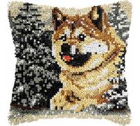 FWRTYCB Latch hook Kit Cojín Gancho de Pestillo Akita Perro Beige Cachorro Pino Alfombra almohada niños principiante DIY bordado Conjunto hecho mano Sofá artesanal Decoración hogarb 43x43cm, 1pcs